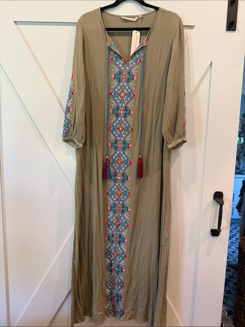 Soft Surroundings Olive Maxi Dress with Turquoise & Pink Embroidery